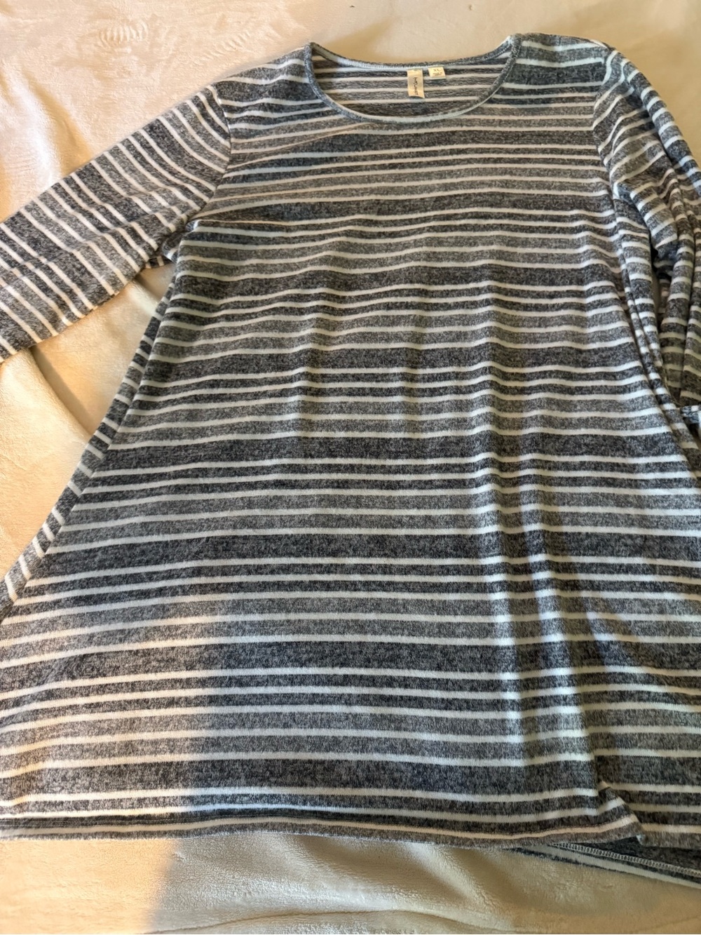 Tacera Striped Crewneck Sweater Dress in Gray and White